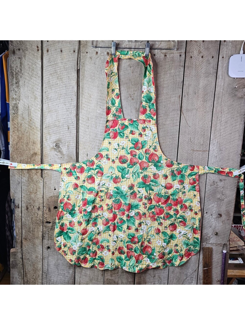 Vintage Style Strawberry Gingham Full Apron with Pockets - Yellow Red Green